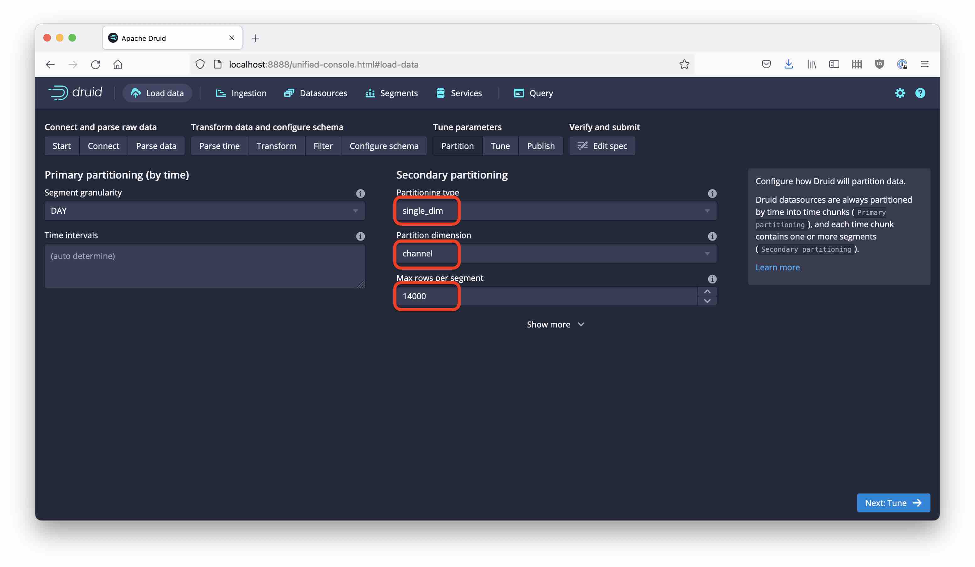 Configure single dim partitioning