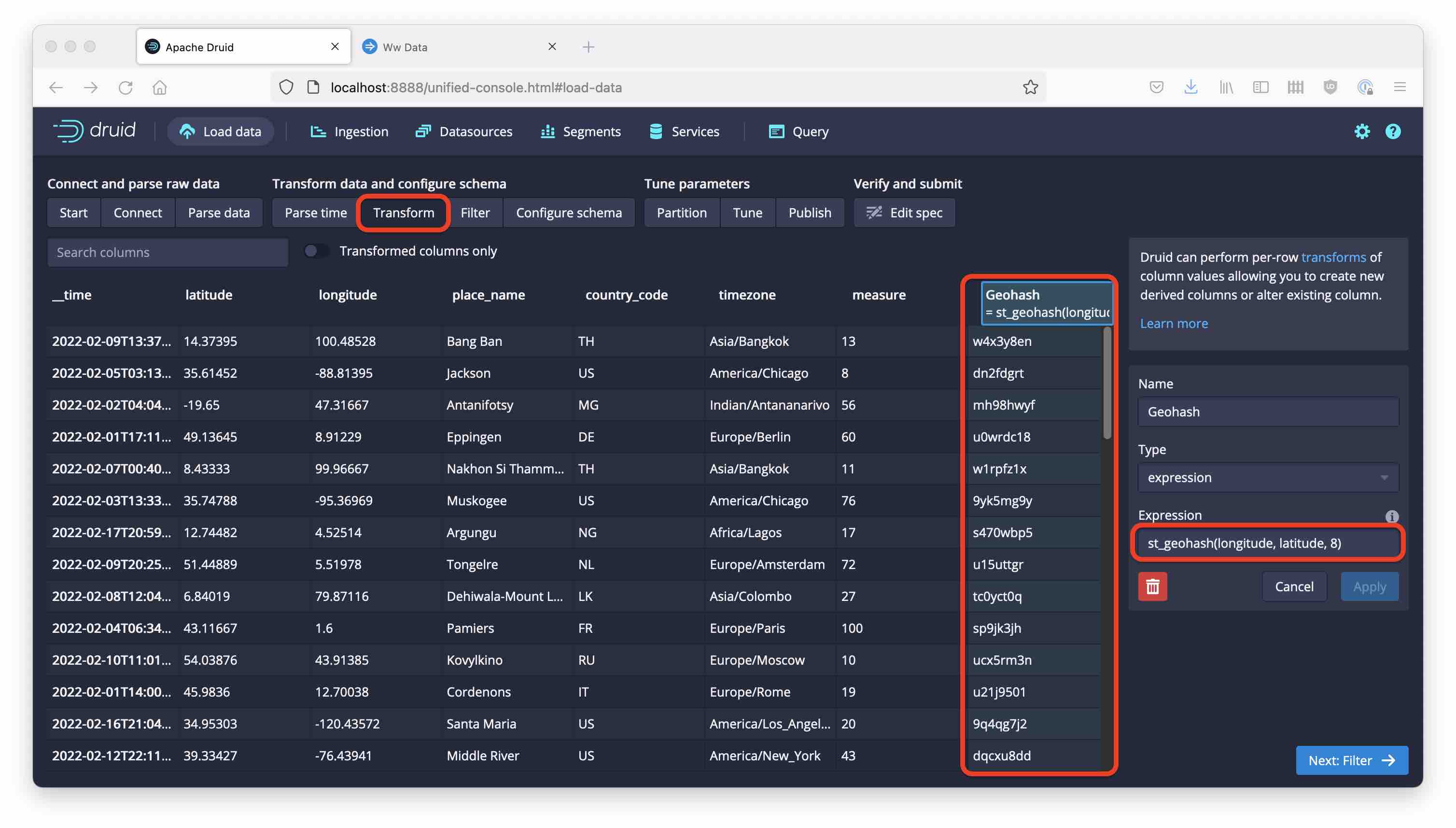 Geohash transform during ingestion