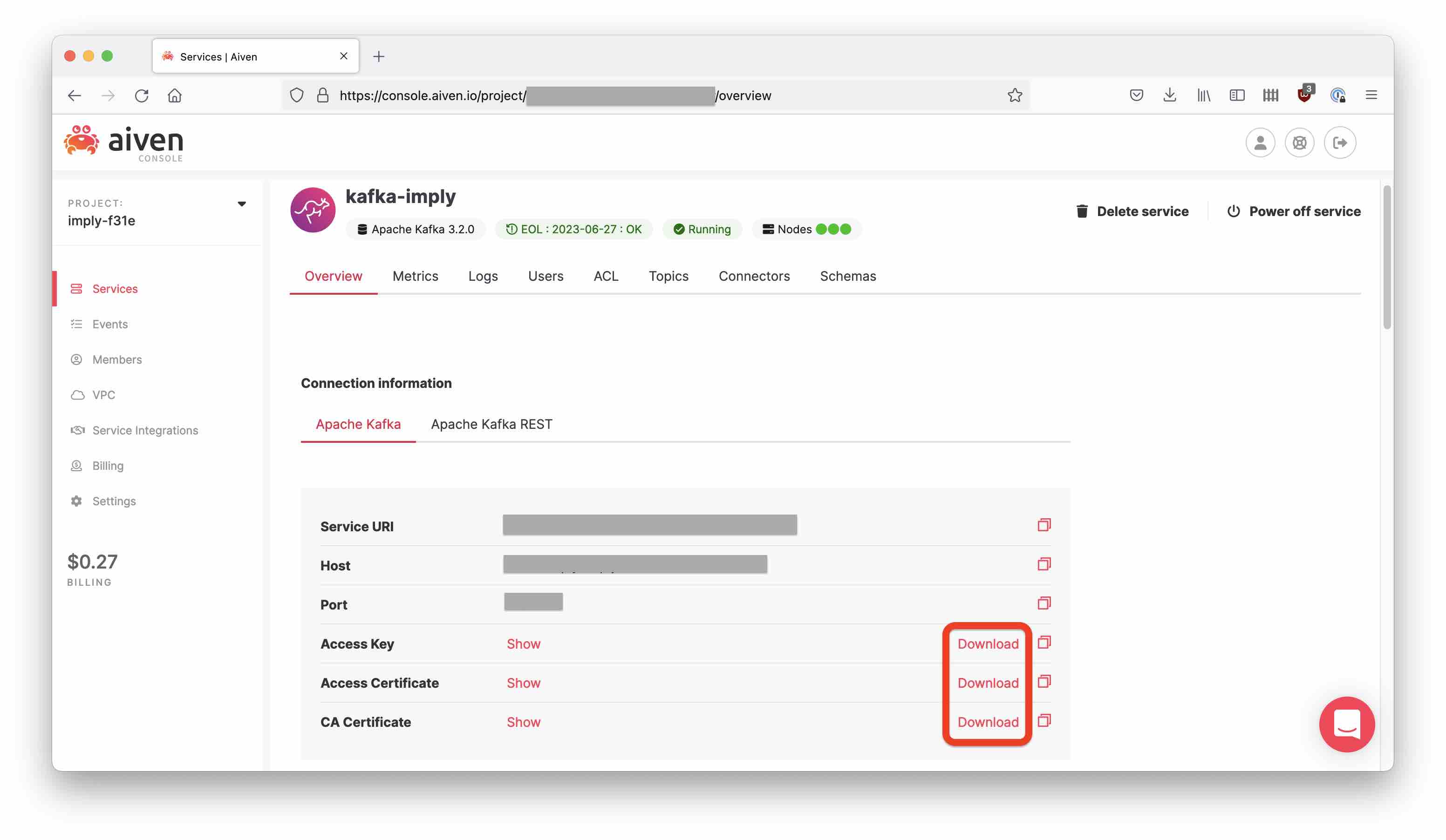 Aiven Cluster configuration with download buttons for certificates