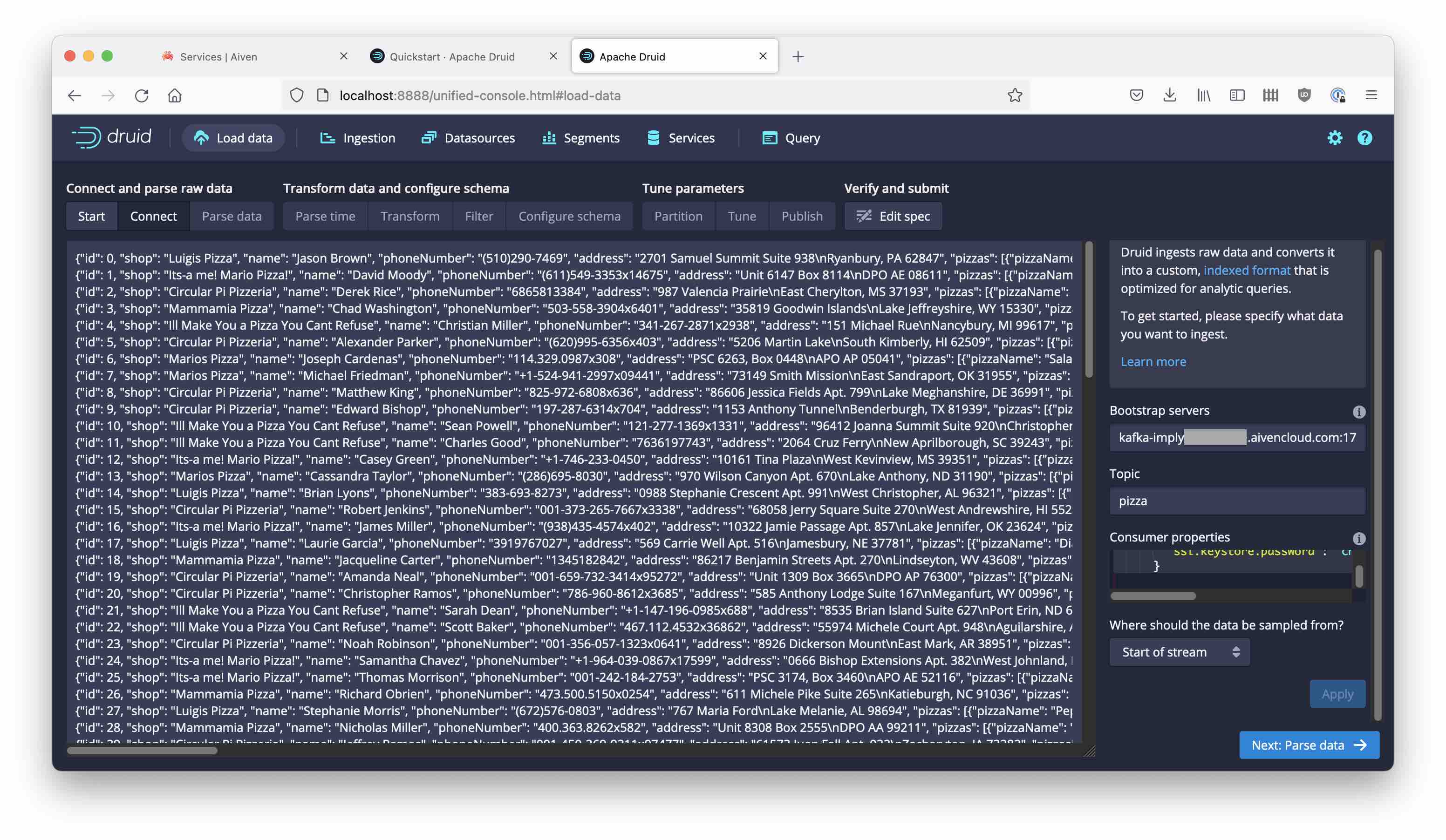 Raw JSON Pizza data