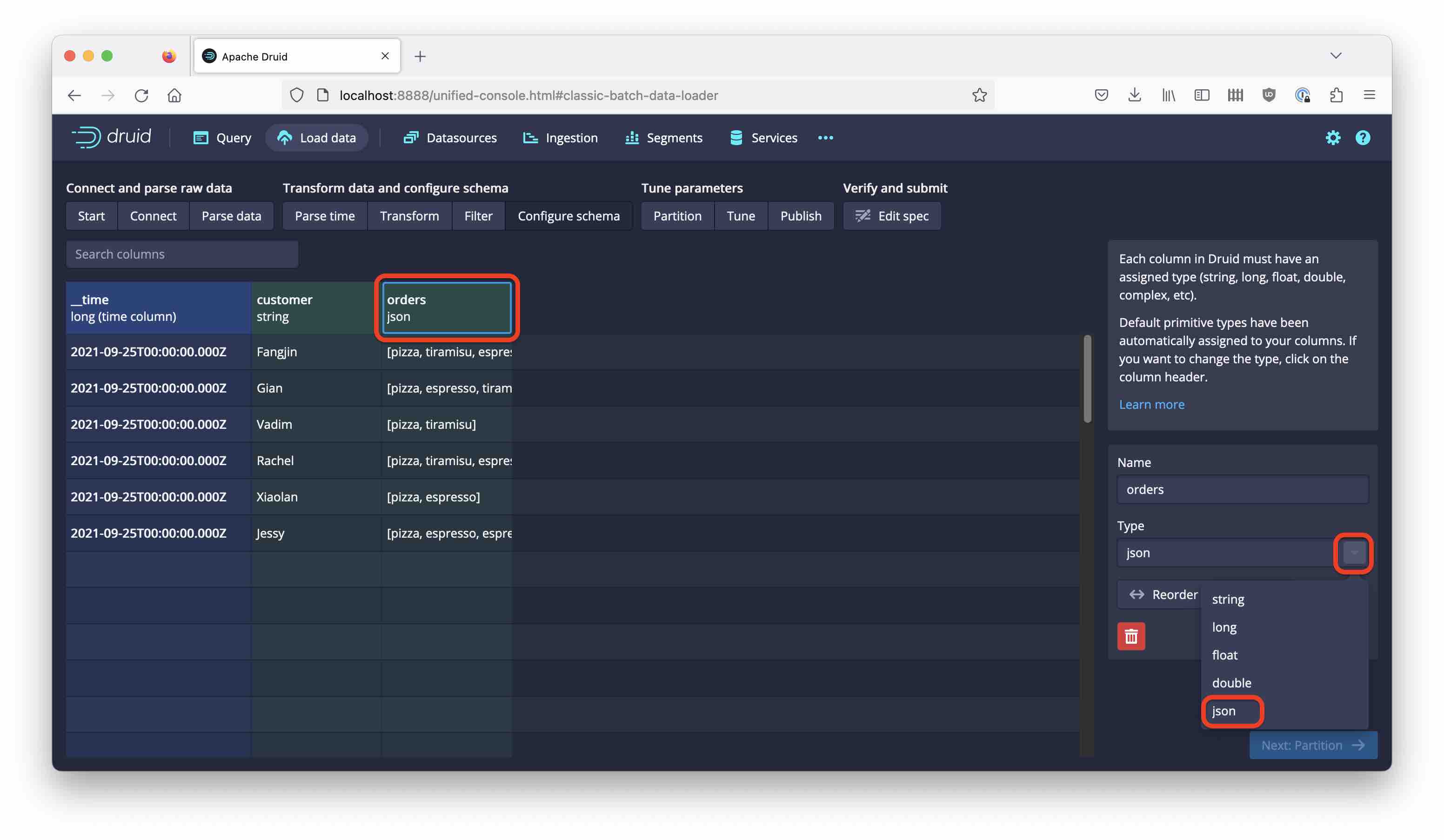 Select JSON type for column