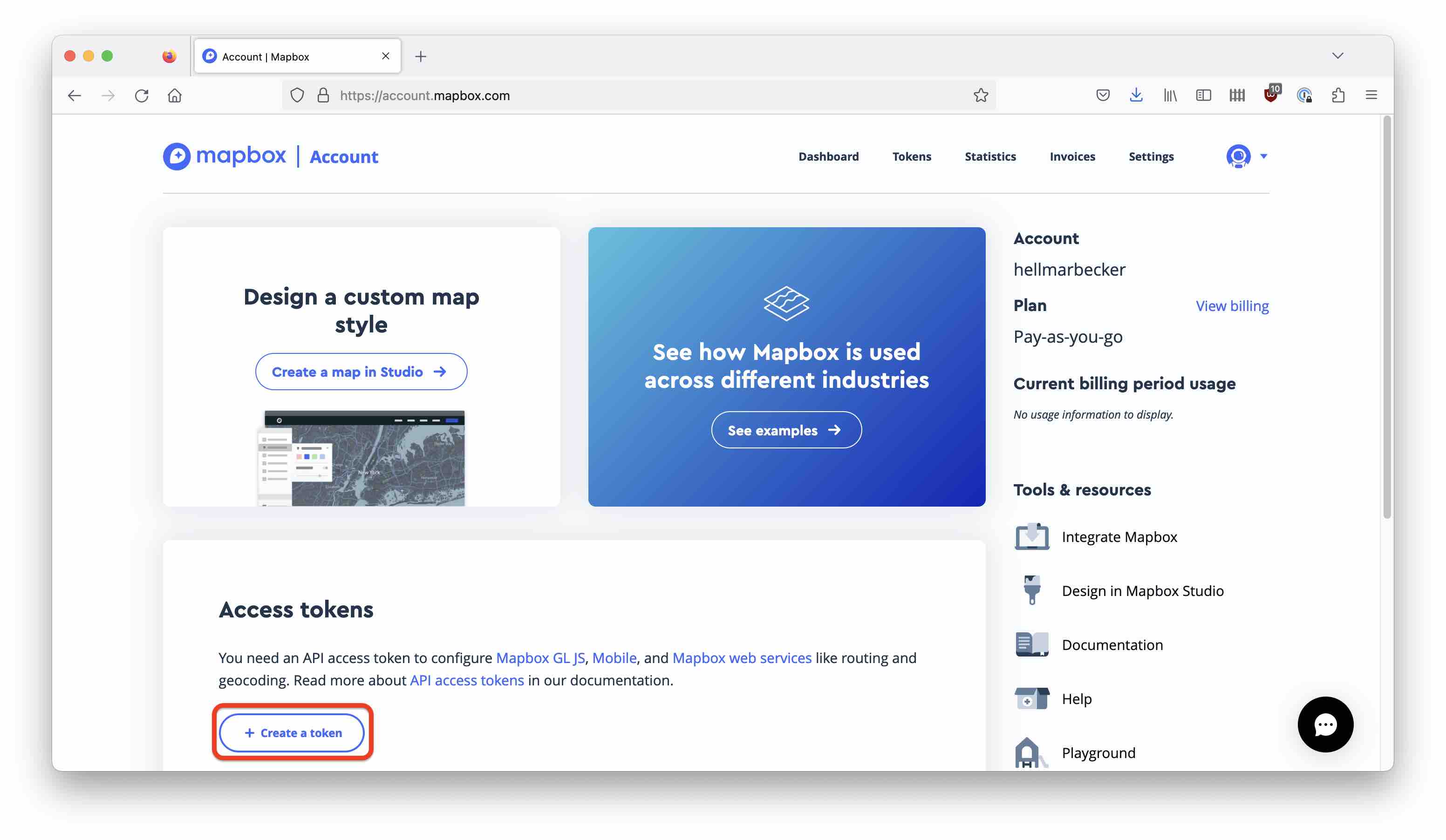 Mapbox API token page