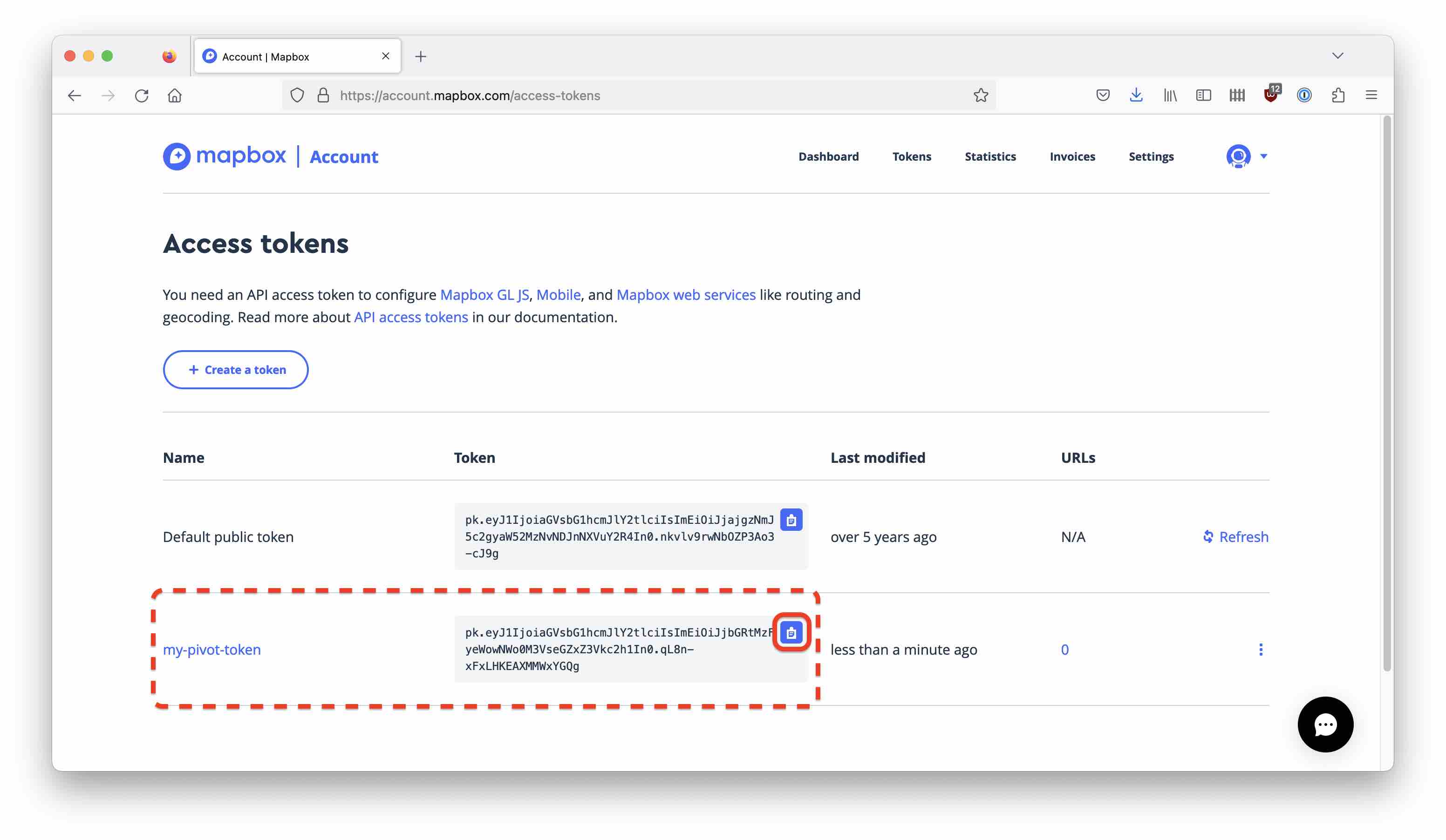 Mapbox API token page