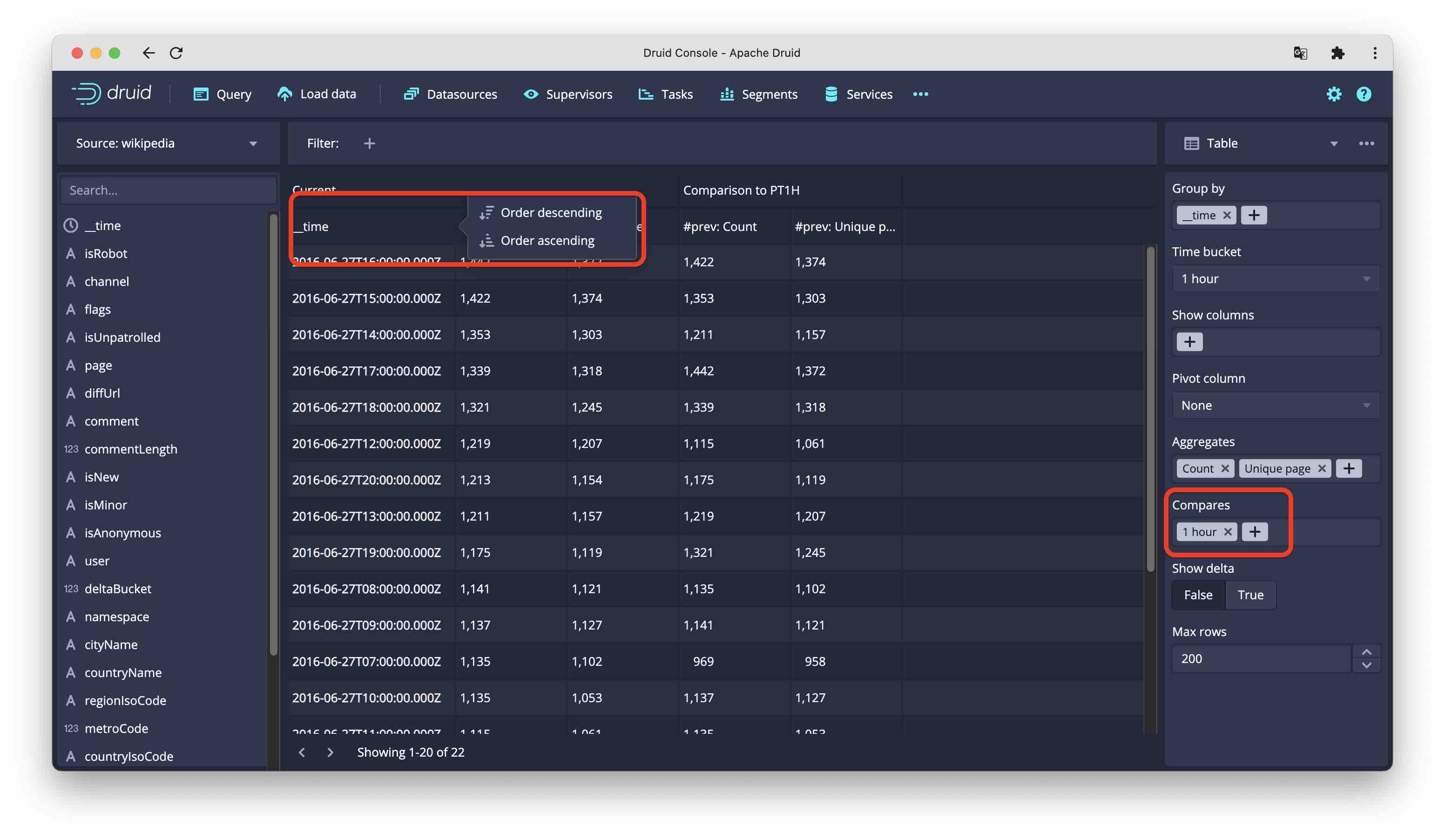 Screenshot of time comparison table view