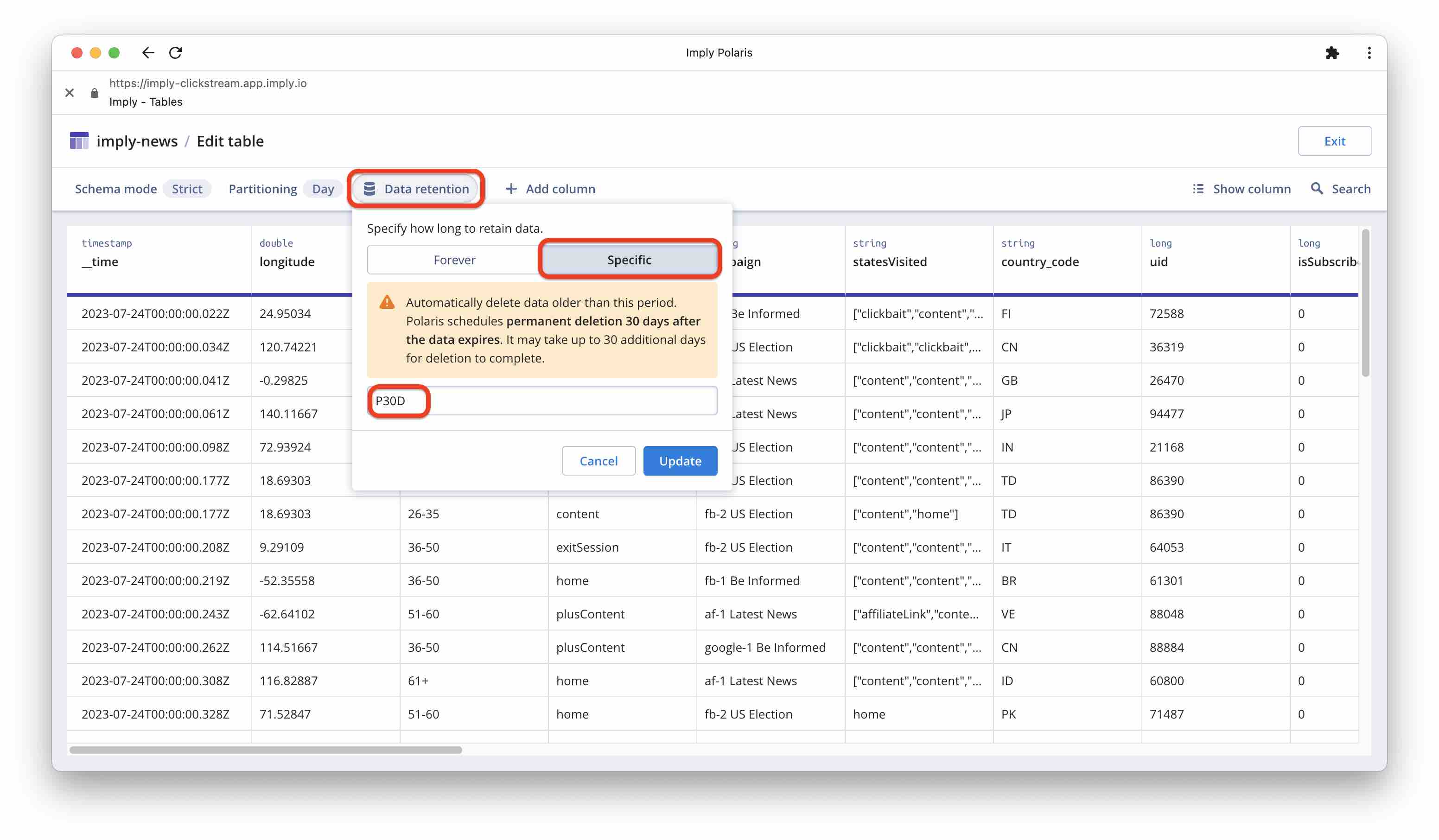 Table editor with retention menu