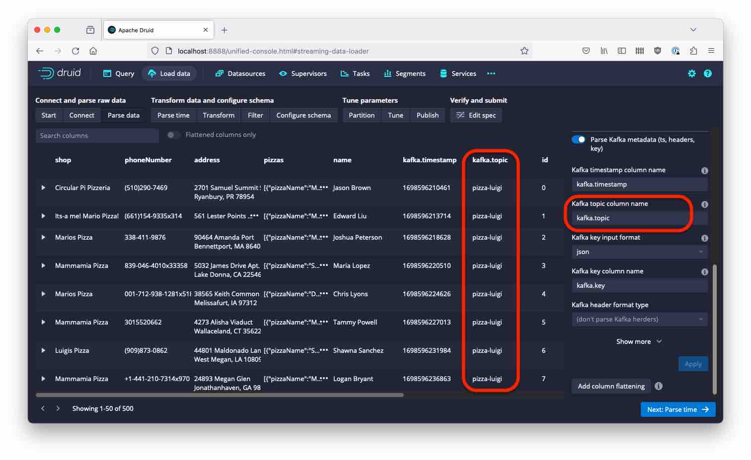 Parse screen with metadata settings